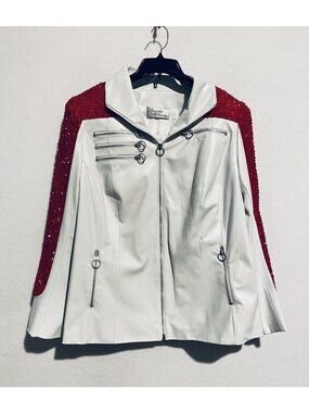 Lourdes Chavez Moto Jacket Womens S/M Zip Up White Leather Red Sequin Accent